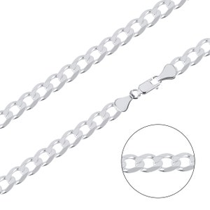 May include: A silver curb chain necklace with a lobster clasp closure. The chain is made of interlocking links that are flat and rectangular in shape.