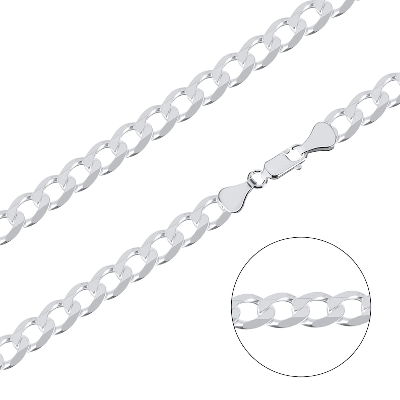 May include: A silver curb chain necklace with a lobster clasp closure. The chain is made of interlocking links that are flat and rectangular in shape.