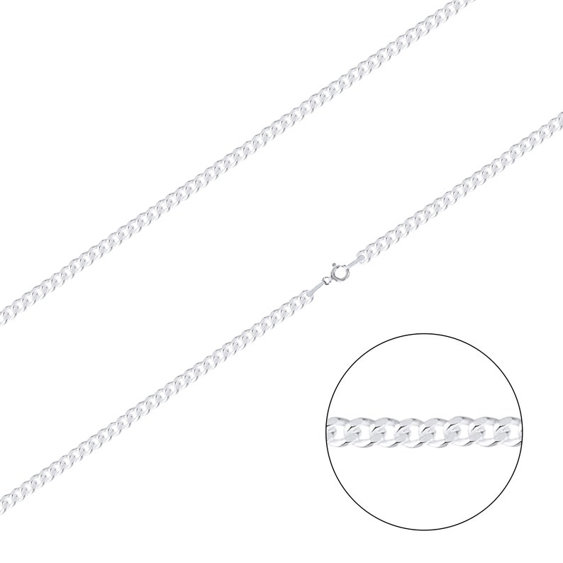 May include: A silver curb chain necklace with a lobster clasp closure. The chain is shown open and laid out flat.