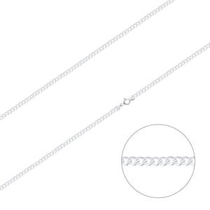 May include: A silver curb chain necklace with a lobster clasp closure. The chain is shown in a close-up view, highlighting the individual links.
