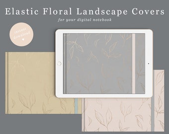 Floral Digital Notebook Cover with elastic band in 6 colours | Landscape Goodnotes Covers |PDF and JPEG | Minimal Template | digital bujo