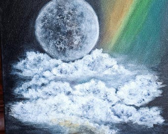 Pintura original com impressão lunar: arte de parede com paisagem noturna em acrílico feita à mão