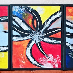 May include: Abstract triptych painting with bold colors and shapes. Each panel features a black outline with white and black curved forms against a backdrop of red, yellow, blue, and orange hues. The artwork has a modern, expressive style.