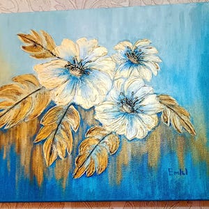 Peinture florale bleue, dorée. Art moderne, contemporain, texturé. Toile acrylique pour mur. Décoration de luxe et d&#39;intérieur. Une oeuvre d&#39;art unique en son genre.