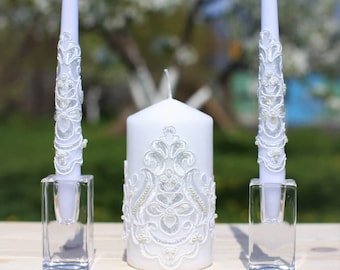 Unity Wedding Candle Set,Lace White Wedding Ceremony Candles,Pillar and Taper Candles 3pcs,Anniversary Gift