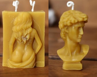Set of 2 Beeswax Candles: Women Body and David Head, Female Body Candle, Unscented Organic Candle-Oscar Candle