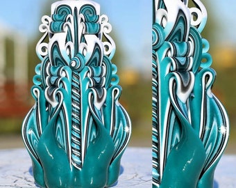 Carved Candles Teal, Large Candle Gift for Women, Amazing Pillar Candle-Oscar Candles