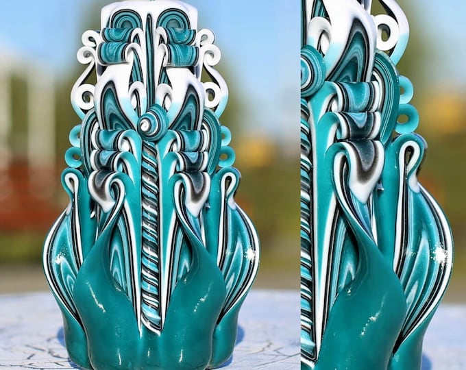 Carved Candles Teal Large Candle Gift for Women Amazing Etsy