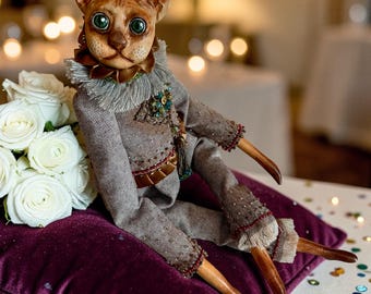 OOAK Handmade Cat Art Doll- Collectible Art Figurine in Victorian Attire