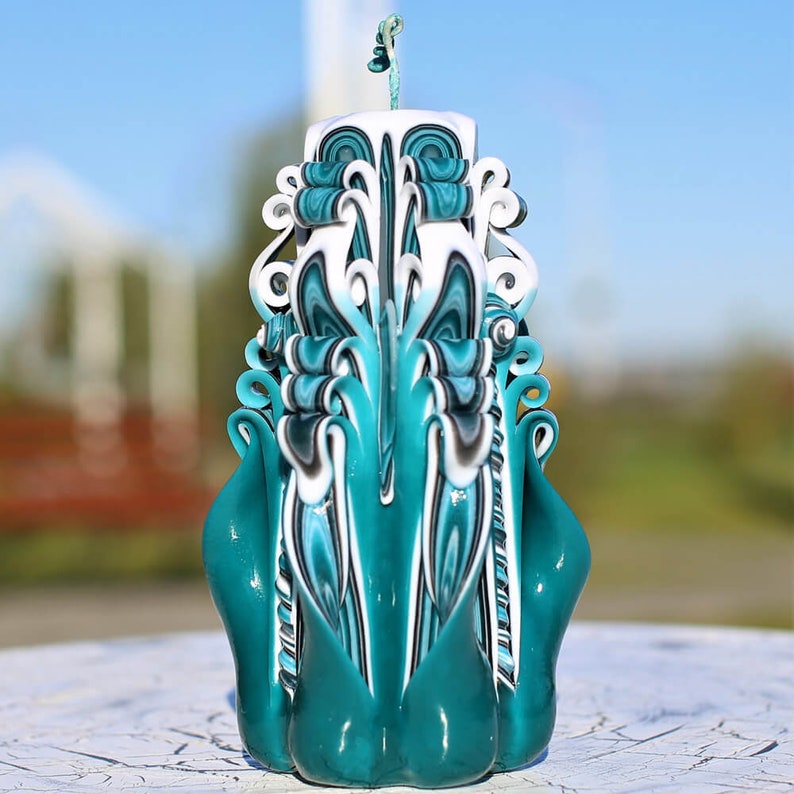 Carved Candles Teal Large Candle Gift for Women Amazing Etsy