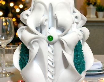 Handmade White Christmas Tree Carved Candle – 10cm Luxury 3D Pine Trees, Unique Christmas Gift