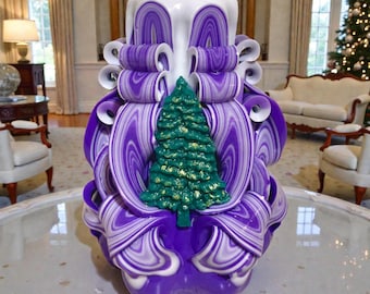 Purple Carved Candle with Christmas Tree• Handmade Decorative Gift Candle • Holiday Home Decor-Oscar Candles