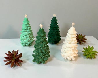 Christmas Tree Candle Set of 4 – Soy & Paraffin Mini Pine Trees 3.4" – Holiday Gift