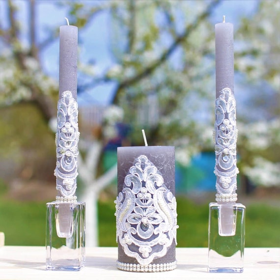 Hochzeitskerzen Set,Hochzeitskerzen Set,Spitze Graue Hochzeitskerzen,3Stk,Hochzeitsgeschenk