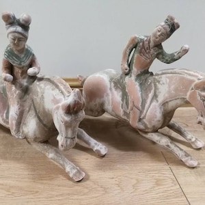 A set of Trio-colored glazed pottery of the Tang Dynasty Pottery figurines,Tang dynasty Tangsancai Tang san cai porcelain Polo player statue