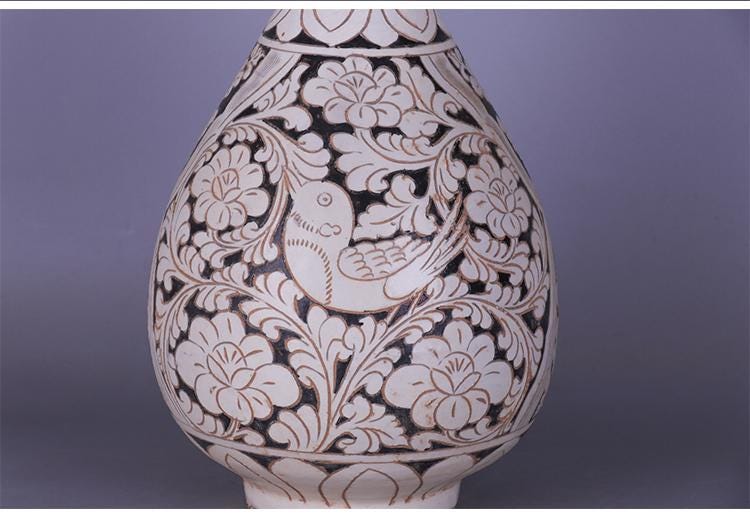 中国ヴィンテージ磁器花瓶、磁州焼白釉磁器玉虎春花瓶、磁州窯手彫り