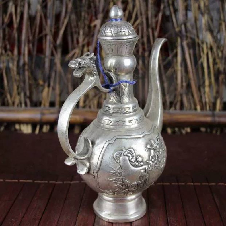 Chinese antique brass carved dragon teapot Qing dynasty Qianlong marked copper tea pot vintage wine pot,Christmas gift,Geomentic ornaments
