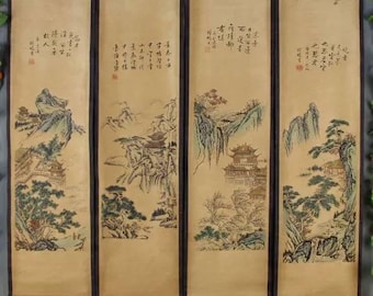 Four pieces painting Chinese calligraphy and painting,Old Traditional Chinese painting,Chinese landscape painting,nave painting