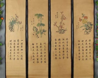 Four pieces painting Chinese calligraphy and painting,Old Traditional Chinese painting,Chinese landscape painting,nave painting