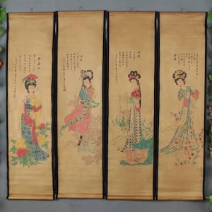 Four pieces painting Chinese antiques old calligraphy and painting,Old Traditional Chinese painting,Chinese beauty painting,nave painting