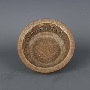Chinese antiques porcelain bowl Song dynasty Ge ware celedon hollowed our bowl.Chinese vintage hand carved porcelain guan ware ceramic pot