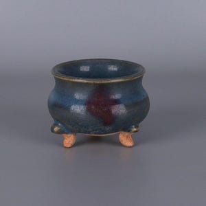 Chinese Vintage Porcelain censer,China Jun Ware Flambé glaze celadon three legs censer,Jun Kiln transmutation glaze ceramic pot