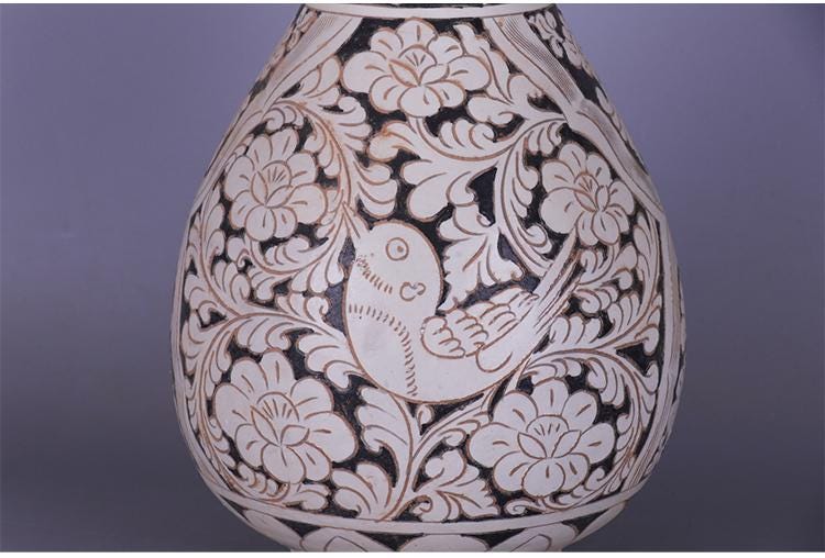中国ヴィンテージ磁器花瓶、磁州焼白釉磁器玉虎春花瓶、磁州窯手彫り