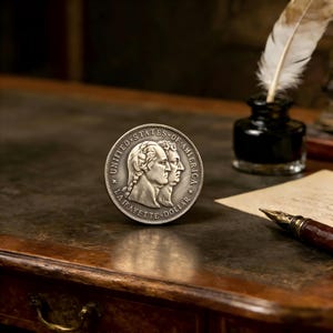 May include: A silver-toned commemorative coin featuring the profiles of George Washington and the Marquis de Lafayette. The text reads UNITED STATES OF AMERICA and LA FAYETTE DOLLAR, with stars separating the phrases along the coin's circular border.