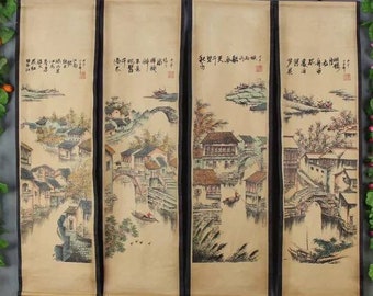 Four pieces painting Chinese calligraphy and painting,Old Traditional Chinese painting,Chinese landscape painting,nave painting