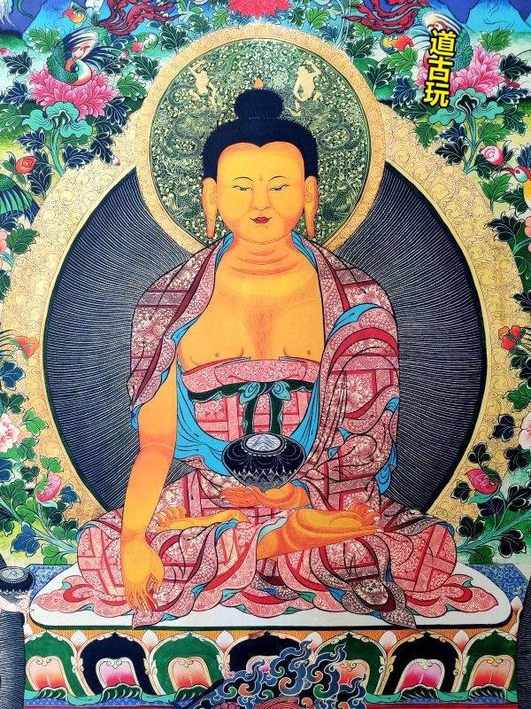 希少なアンティークチベット仏教タンカ、色糸で描かれた菩薩