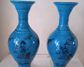 Un par de jarrones de porcelana antiguos chinos, jarrón de porcelana azul Qianlong de la dinastía Qing, botella de cerámica vintage pintada a mano, regalo del padre