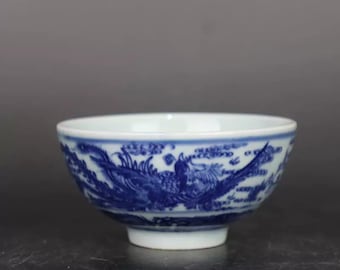 中国の古い陶器皿景徳鎮製の青と白の磁器皿、手描きの龍と鳳凰の模様