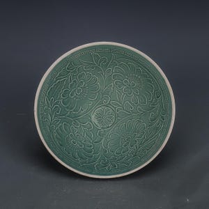 Chinese Porcelain bowl,China Ding Ware green green porcelain conical bowl,Hand carved chrysanthemum pattern Ding Kiln Ceramic Bowl