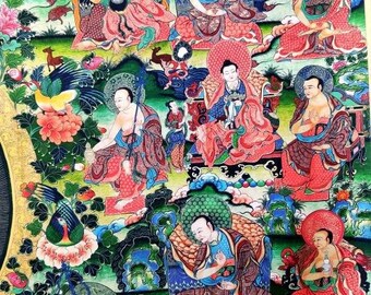 希少なアンティークチベット仏教タンカ、色糸で描かれた菩薩
