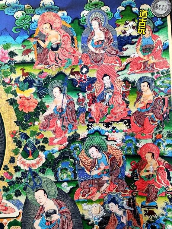 希少なアンティークチベット仏教タンカ、色糸で描かれた菩薩