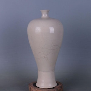 Vintage Chinese Ding Ware Vase: Hand-Carved Floral Ceramic Meiping Bottle