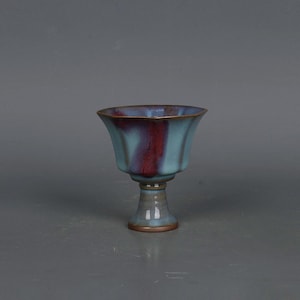 Chinese Vintage Porcelain stem cup,China Jun Ware Flambé glaze celadon wine cup,Hand carved Jun Kiln transmutation glaze ceramic cup
