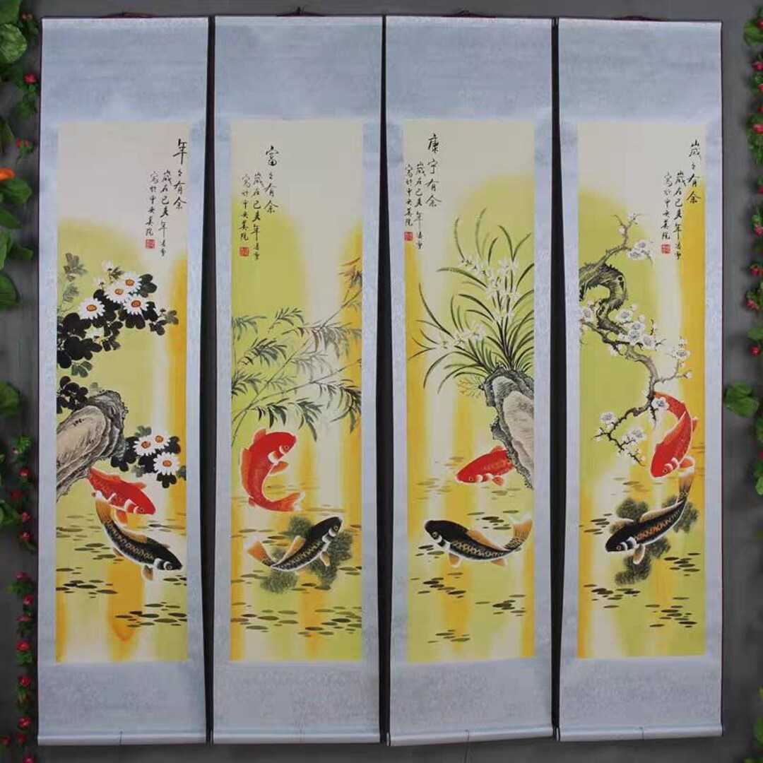 中国　絵画 4 枚の絵画、中国の骨董品の絵画、古い書道と絵画、伝統的な中国
