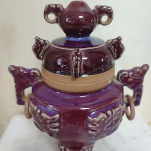 Chinese Porcelain Censer,China Jun Ware Celadon Three Legs Censer,Hand Carved Jun Kiln Flambe Glaze Ceramic Incense Burner Collection