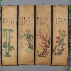 Quattro pezzi che dipingono antiquariato cinese vecchia calligrafia e pittura,dipintità cinese tradizionale, pittura di paesaggio cinese,pittura nave