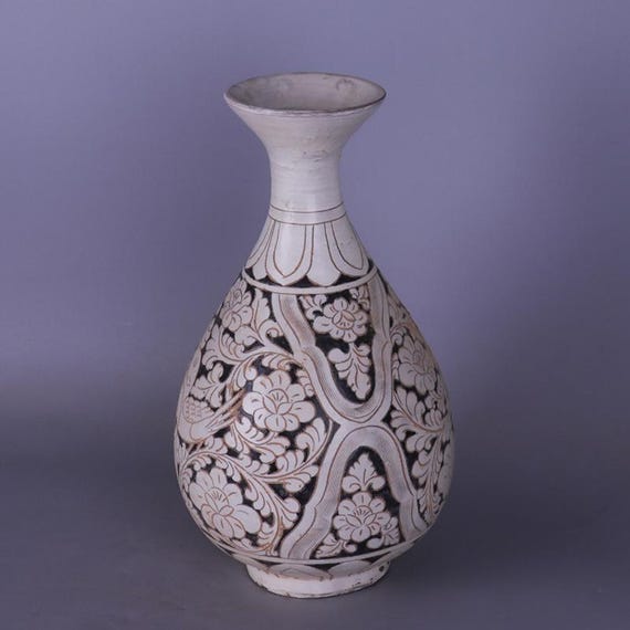 中華藝術館　磁器花瓶　ヴィンテージ中国花瓶 中国ヴィンテージ磁器花瓶、磁州焼白釉磁器玉虎春花瓶、磁州窯手彫り