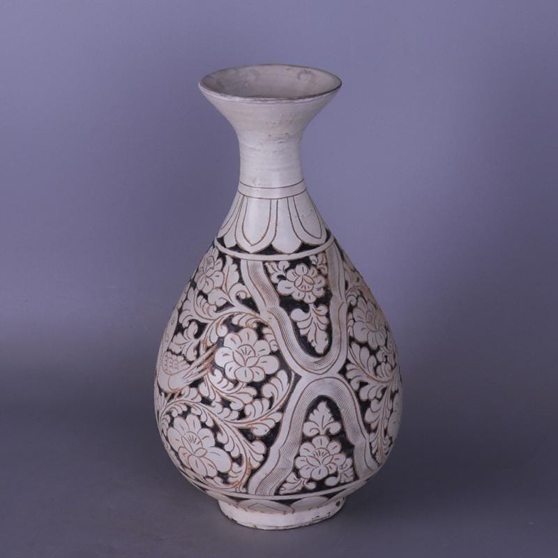 中国ヴィンテージ磁器花瓶、磁州焼白釉磁器玉虎春花瓶、磁州窯手彫り