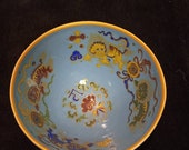 Chinese antiques porcelain Ming dynasty Xuande marked blue ground famille verte porcelain bowl gold foo dog lion pattern ceramic bowl