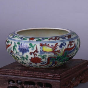 Vintage Doucai Porcelain Brush Washer: Phoenix Pattern, Ming Dynasty Mark