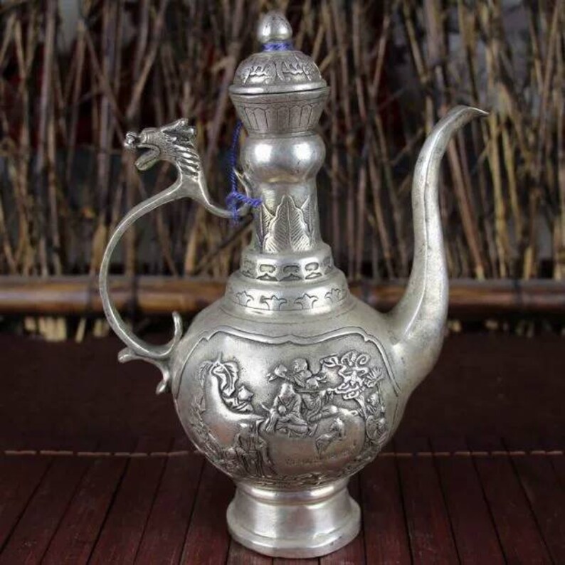 Chinese antique brass carved dragon teapot Qing dynasty Qianlong marked copper tea pot vintage wine pot,Christmas gift,Geomentic ornaments