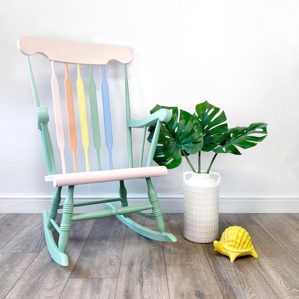 Rainbow Painted Wooden Rocking Chair: Custom Nursery Decor