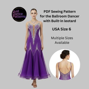 Puede incluir: Un vestido de baile de salón morado con leotardo incorporado, adornado con detalles plateados. El vestido presenta un escote pronunciado y una falda fluida. La imagen incluye el texto "PDF Sewing Pattern for the Ballroom Dancer with Built-in leotard" y "USA Size 6".