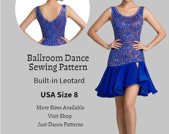 Puede incluir: Un vestido de baile de salón azul con leotardo incorporado, cuello redondo, cuerpo sin mangas con adornos de lentejuelas rojas y plateadas, y falda de volantes superpuestos con abertura lateral. Texto: Ballroom Dance Sewing Pattern.