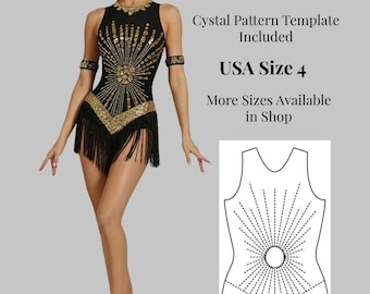 May include: A black ballroom Latin dance dress with gold embellishments and fringe. The dress features a sunburst design and is a USA size 4. The image also includes a pattern template.