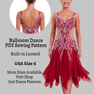 May include: A red ballroom dance dress with a built-in leotard, featuring intricate silver crystal embellishments on the bodice, side cutouts, and a layered handkerchief hem skirt. Text reads: Ballroom Dance PDF Sewing Pattern, USA Size 6.